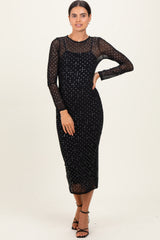 Black Rhinestone Mesh Long Sleeve Midi Dress