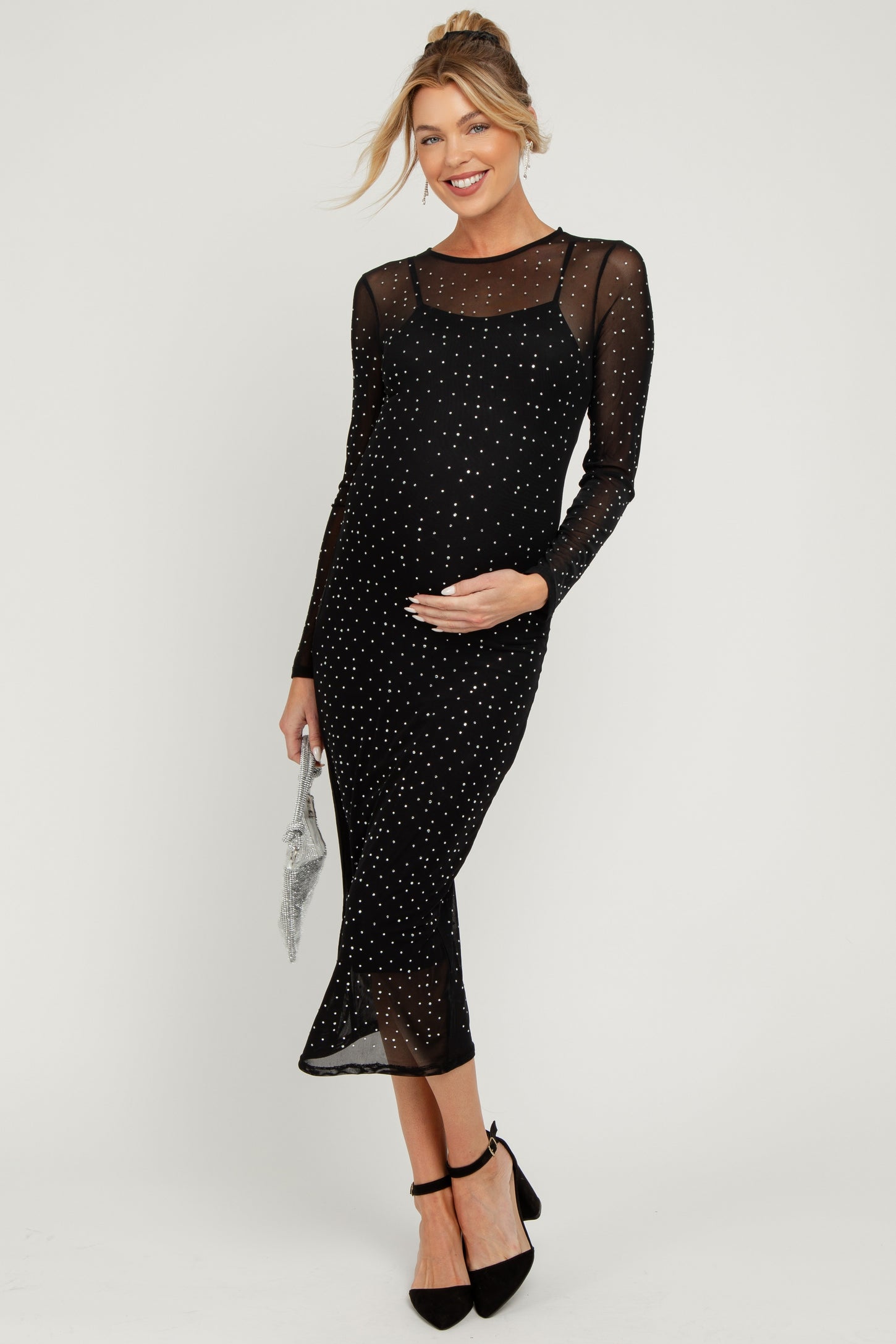 Black Rhinestone Mesh Long Sleeve Maternity Midi Dress