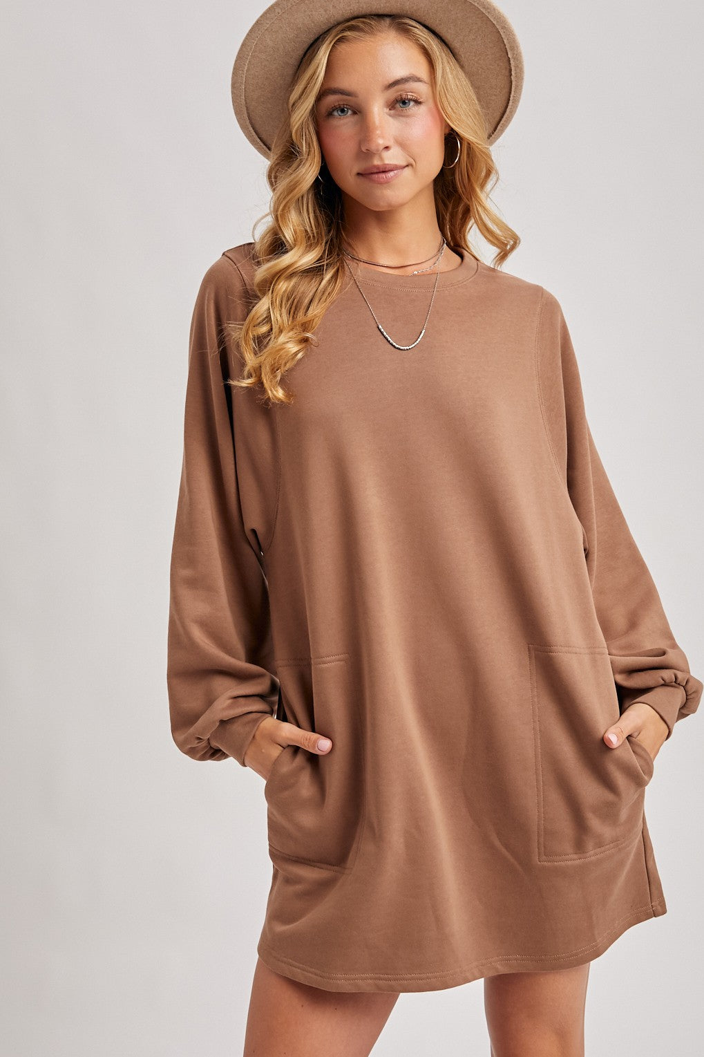 Mocha Bubble Sleeve Sweatshirt Mini Dress