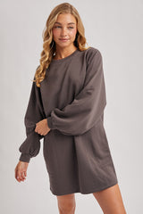 Charcoal Bubble Sleeve Sweatshirt Mini Dress