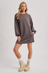 Charcoal Bubble Sleeve Sweatshirt Mini Dress