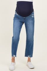 Blue Frayed Hem Cropped Straight Leg Maternity Jeans