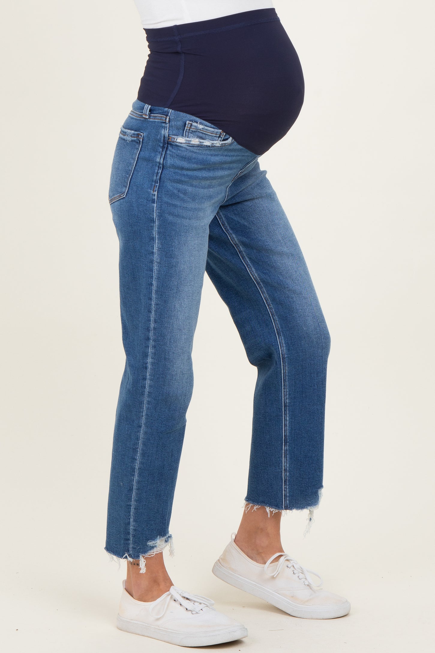 Blue Frayed Hem Cropped Straight Leg Maternity Jeans