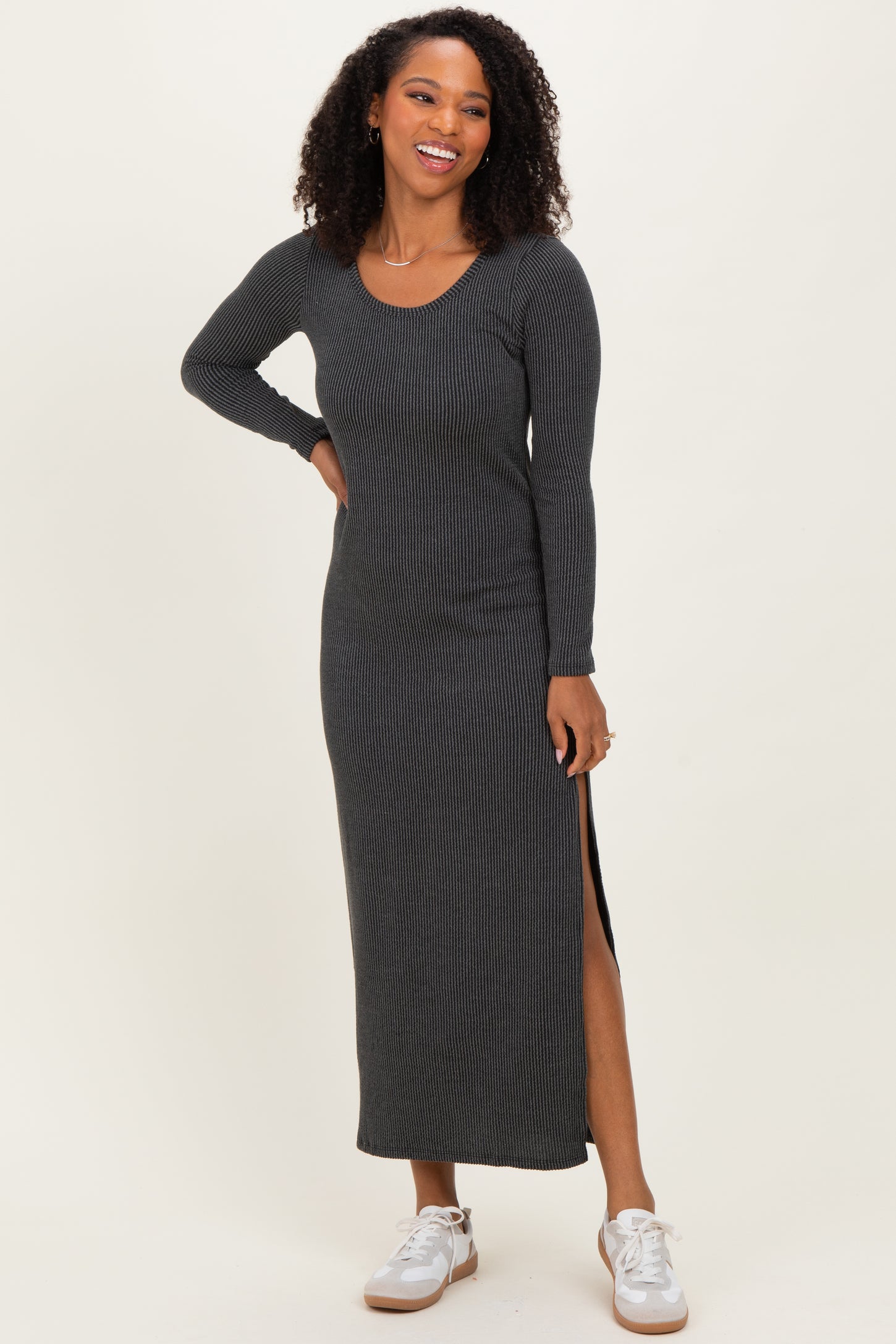 Charcoal Ribbed Long Sleeve Side Slit Maternity Maxi Dress