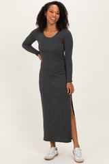 Charcoal Ribbed Long Sleeve Side Slit Maternity Maxi Dress