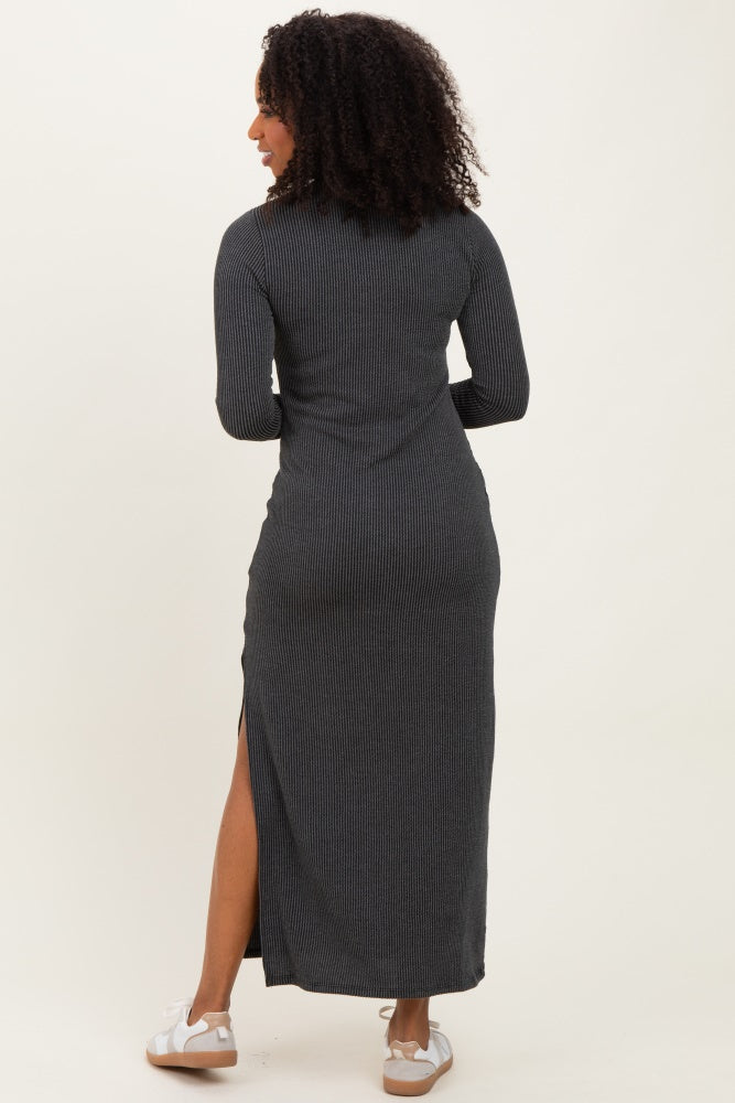 Charcoal Ribbed Long Sleeve Side Slit Maxi Dress