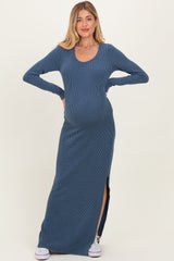 Navy Ribbed Long Sleeve Side Slit Maternity Maxi Dress