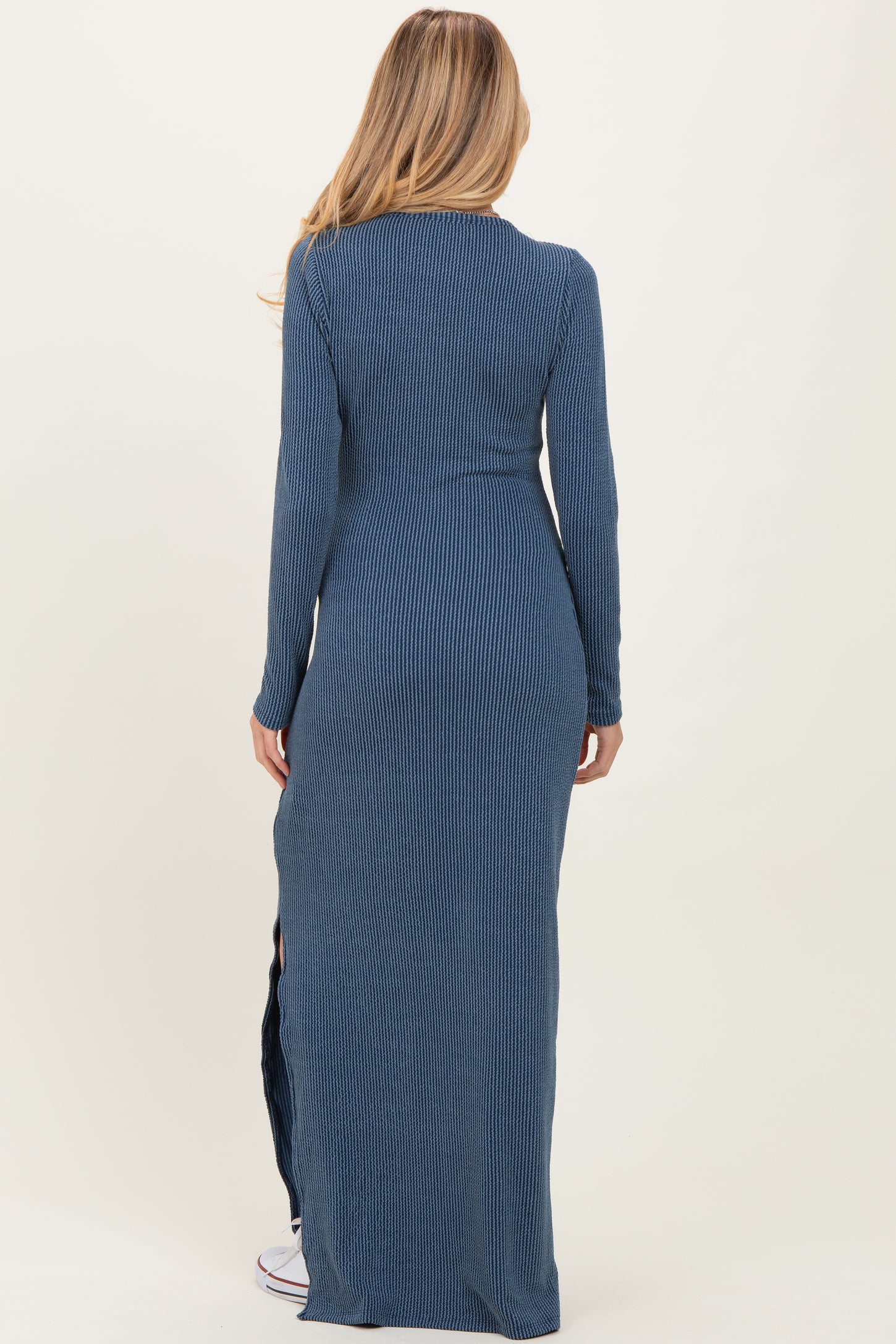 Navy Ribbed Long Sleeve Side Slit Maternity Maxi Dress
