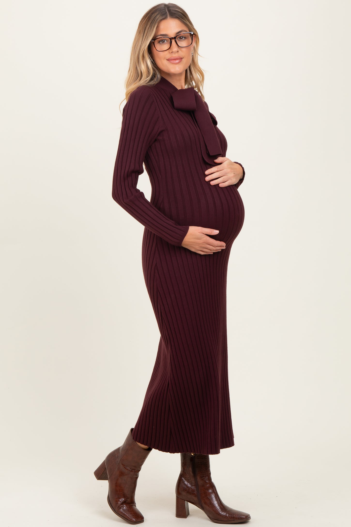 Burgundy Neck Tie Sweater Maternity Dress