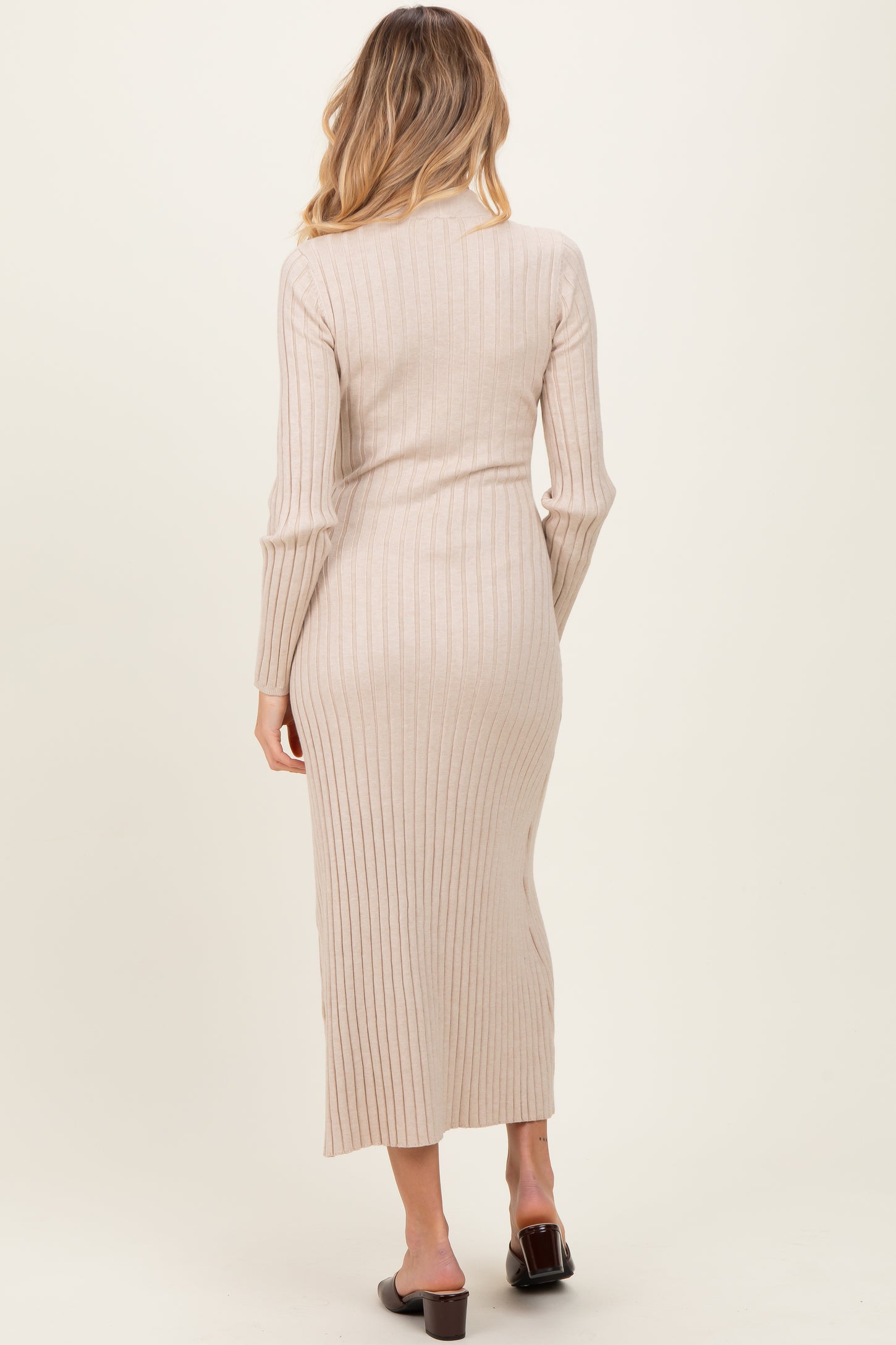 Beige Neck Tie Sweater Maternity Dress
