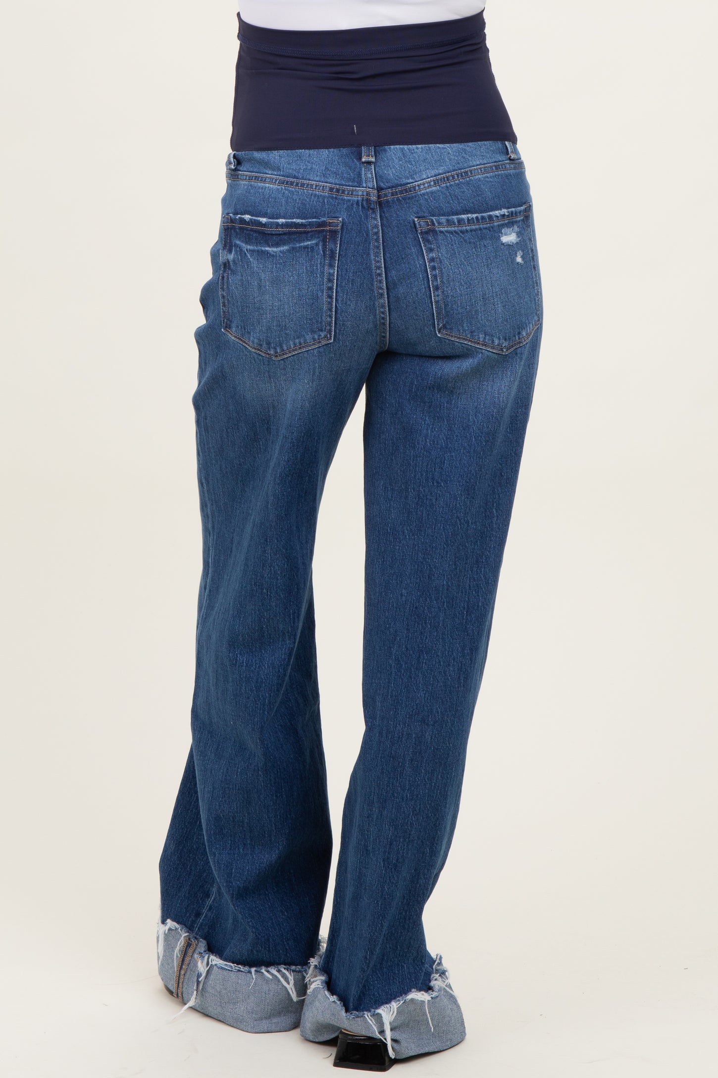 Navy Distressed Cuffed Baggy Wide Leg Maternity Jeans