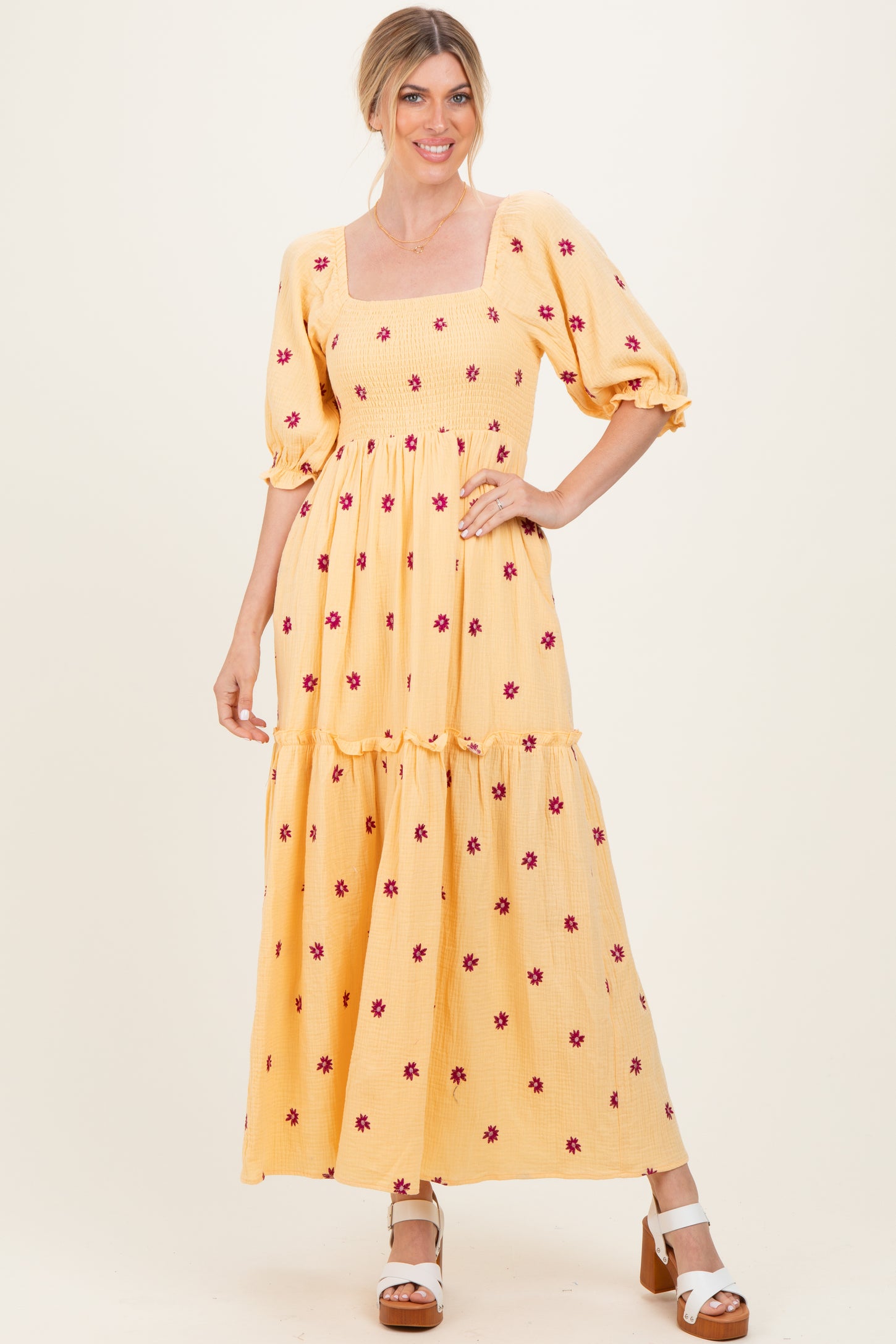 Yellow Floral Smocked Puff Sleeve Maxi Dress