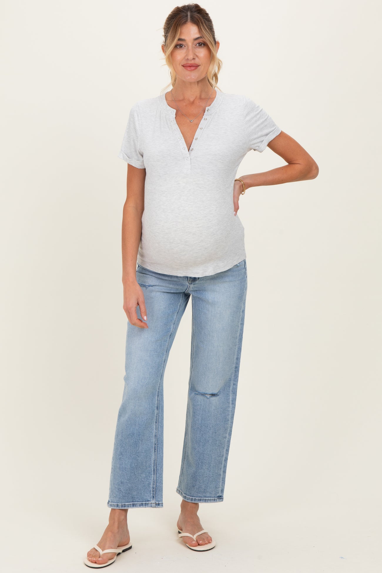 Light Blue Distressed Open Knee Ankle Straight Leg Maternity Jeans