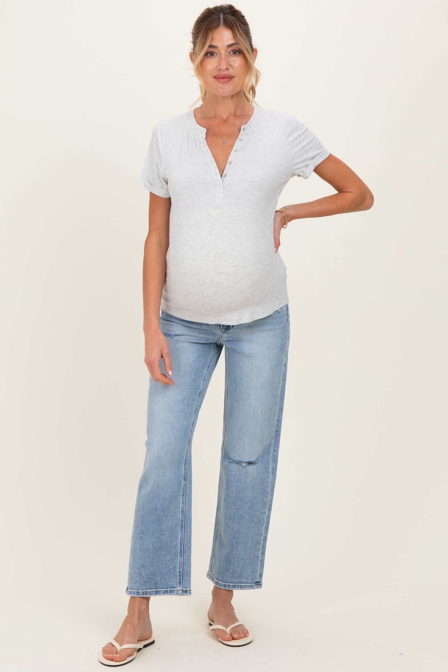 Light Blue Distressed Open Knee Ankle Straight Leg Maternity Jeans