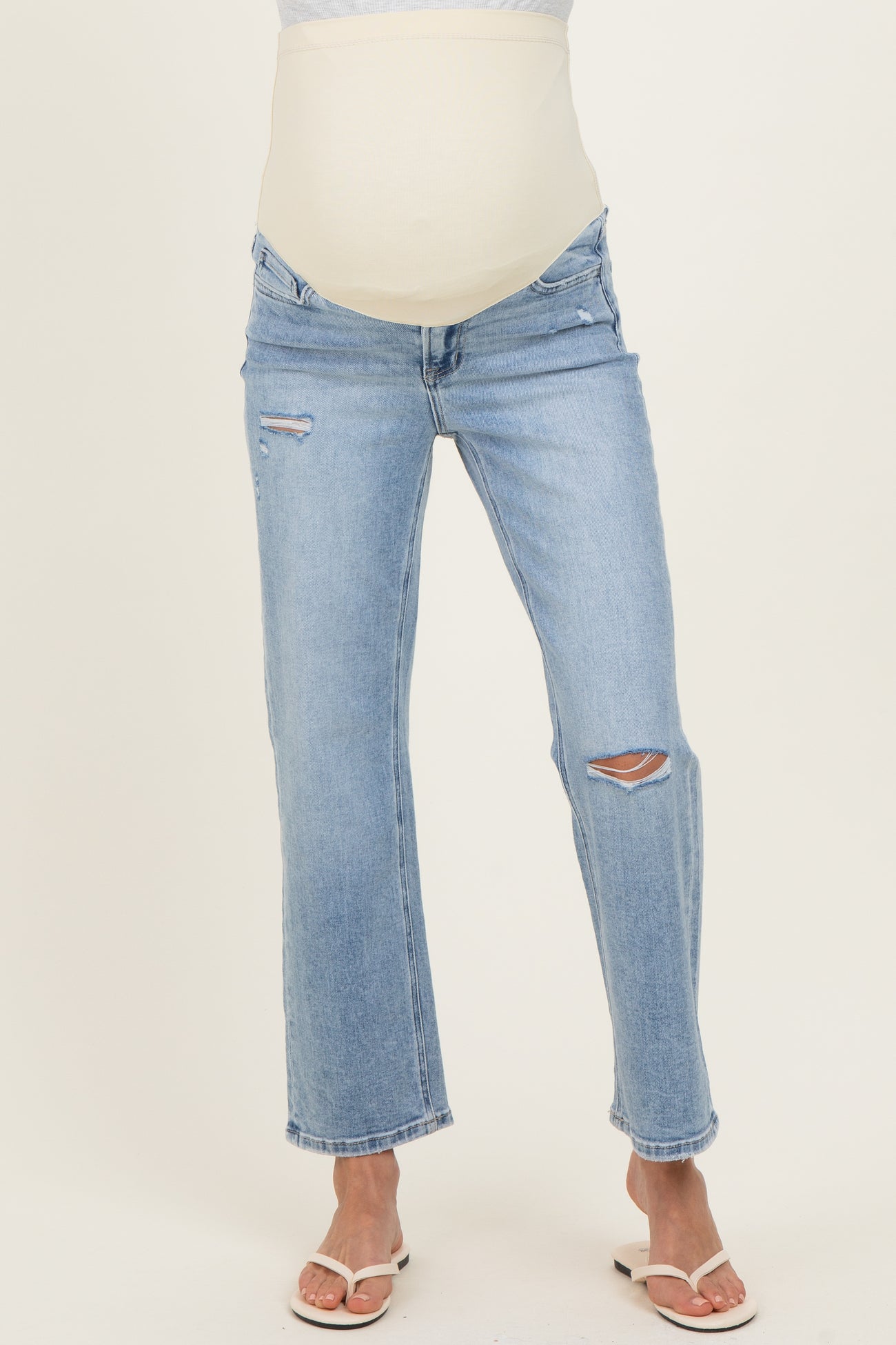 Light Blue Distressed Open Knee Ankle Straight Leg Maternity Jeans