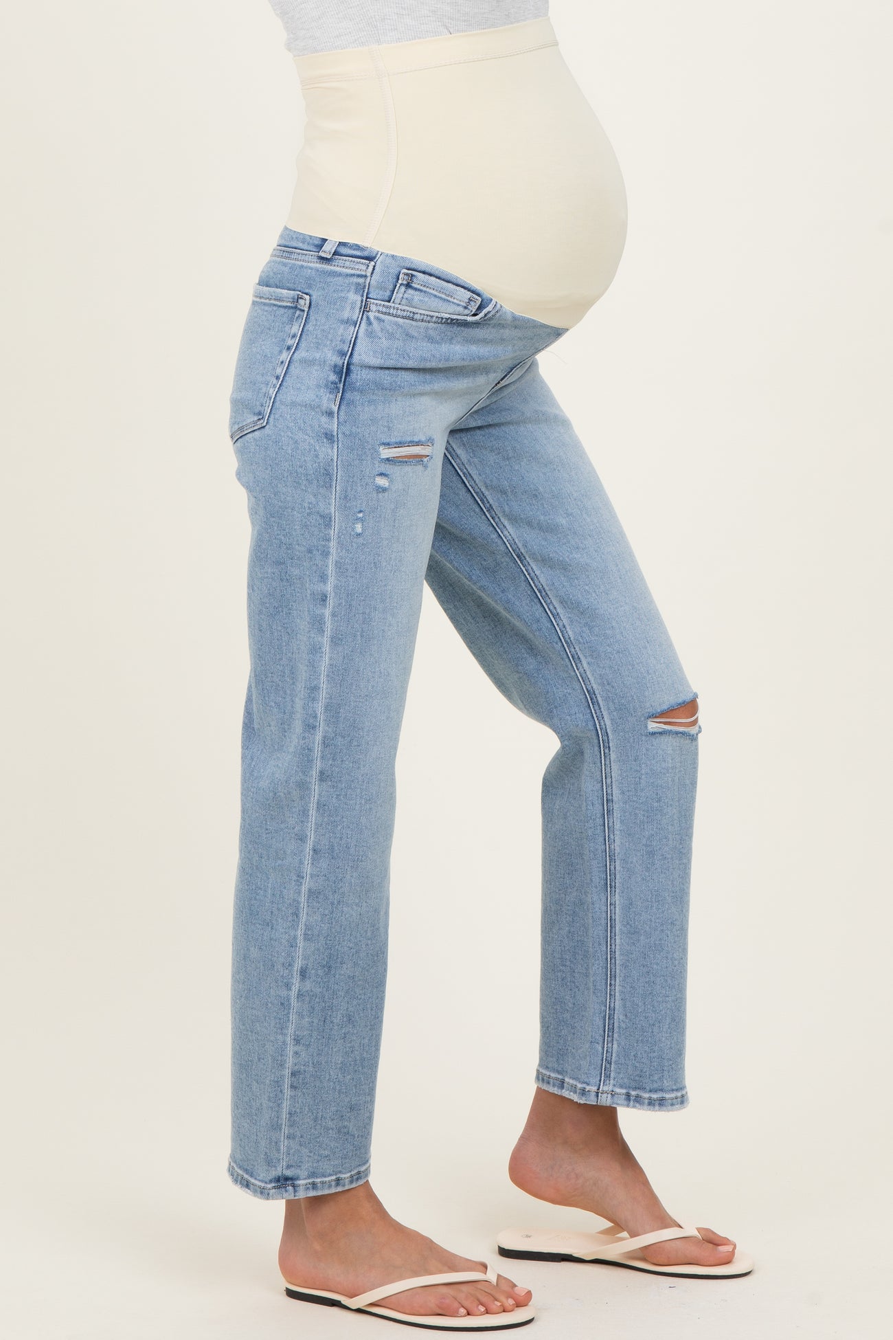 Light Blue Distressed Open Knee Ankle Straight Leg Maternity Jeans