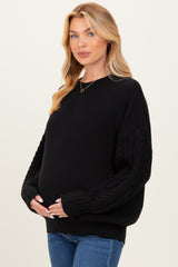 Black Cable Knit Sleeve Round Neck Maternity Sweater