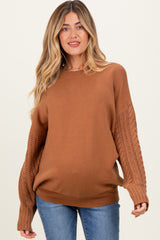 Camel Cable Knit Sleeve Round Neck Maternity Sweater