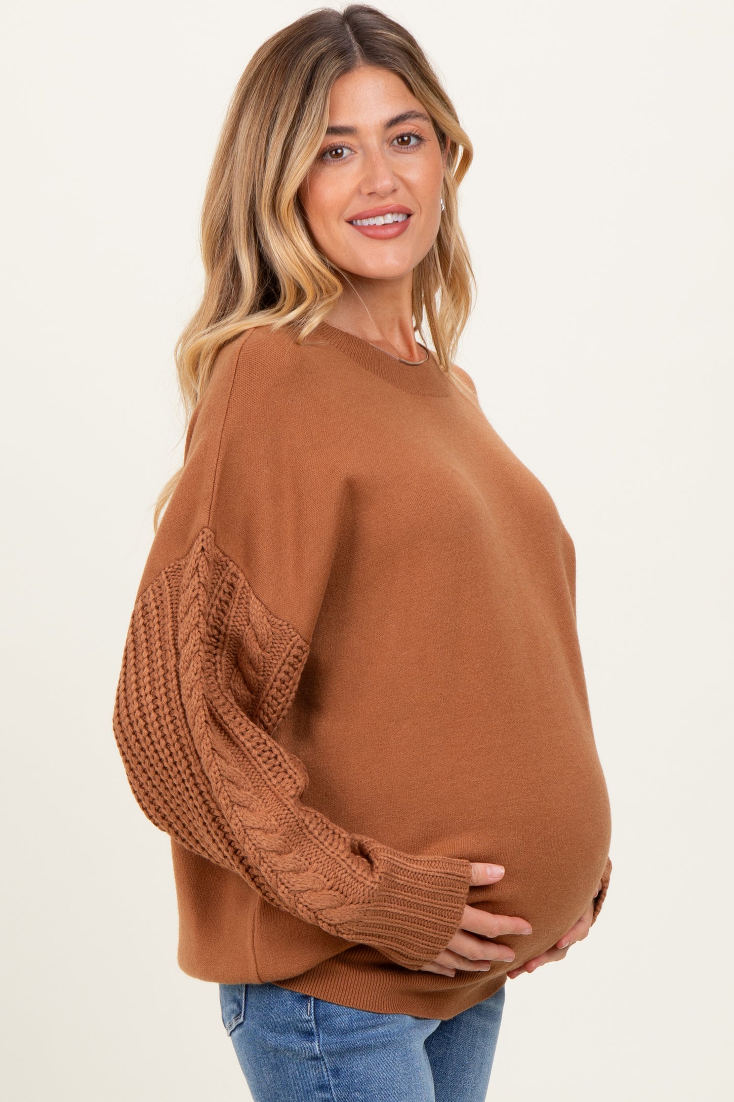 Camel Cable Knit Sleeve Round Neck Maternity Sweater