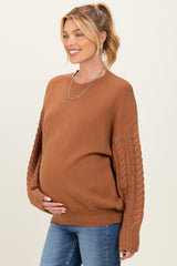 Camel Cable Knit Sleeve Round Neck Maternity Sweater