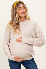 Beige Cable Knit Sleeve Round Neck Maternity Sweater