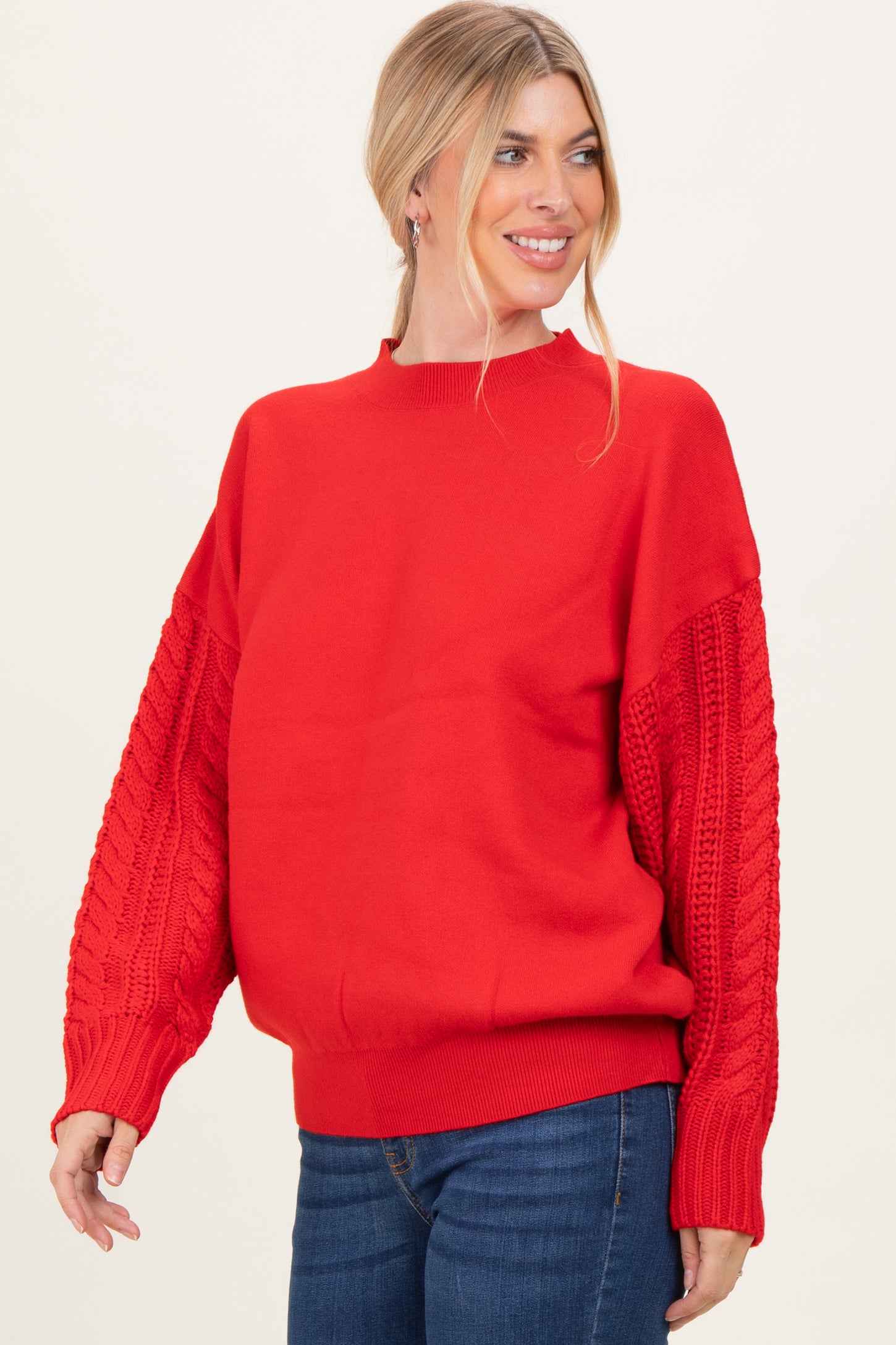 Red Cable Knit Sleeve Round Neck Sweater