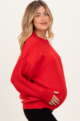 Red Cable Knit Sleeve Round Neck Maternity Sweater