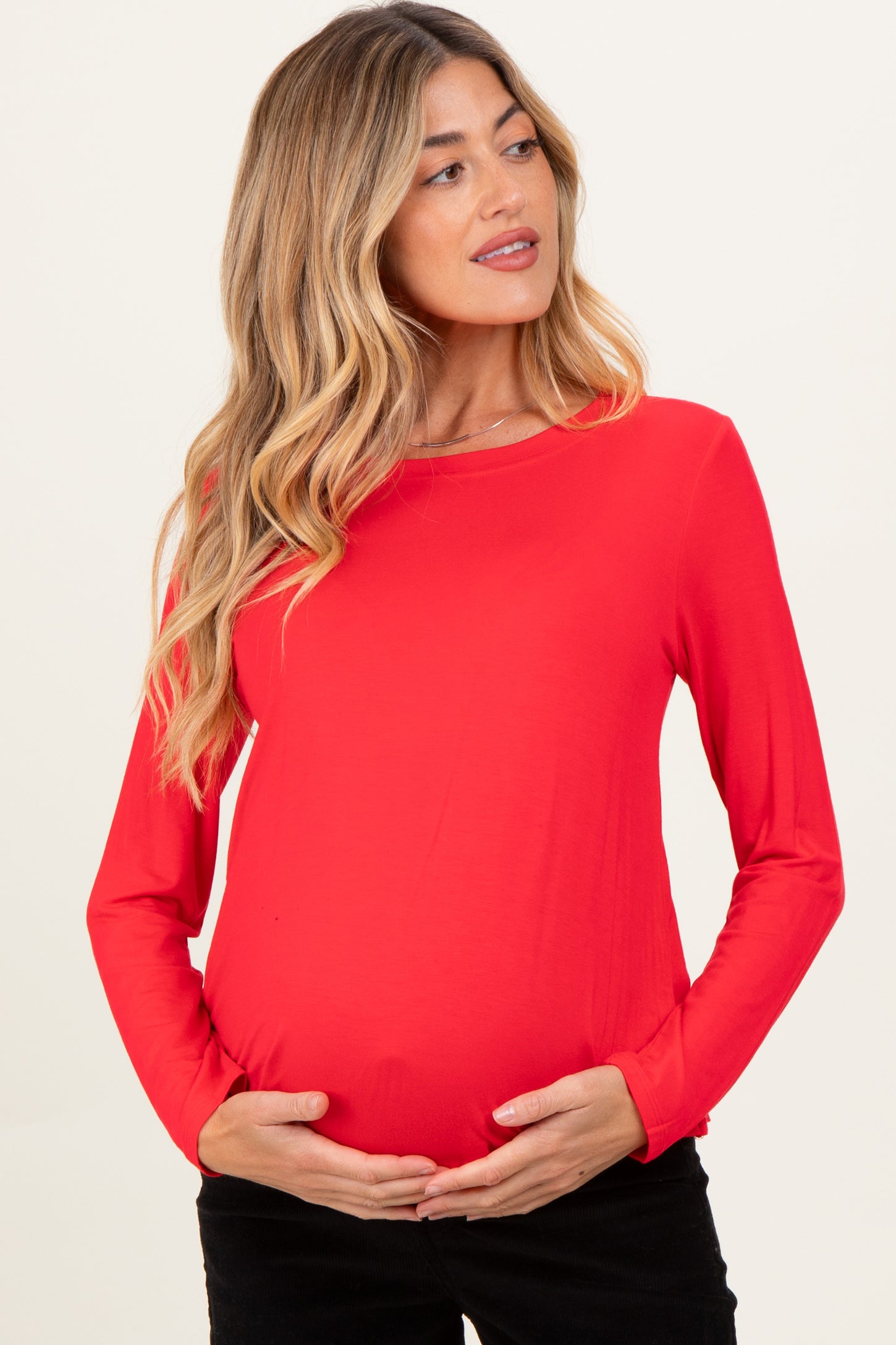 Red Flowy Round Hem Maternity Long Sleeve Top