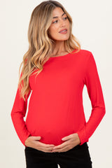 Red Flowy Round Hem Maternity Long Sleeve Top
