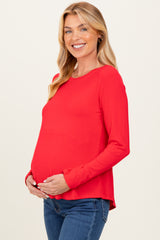 Red Flowy Round Hem Maternity Long Sleeve Top