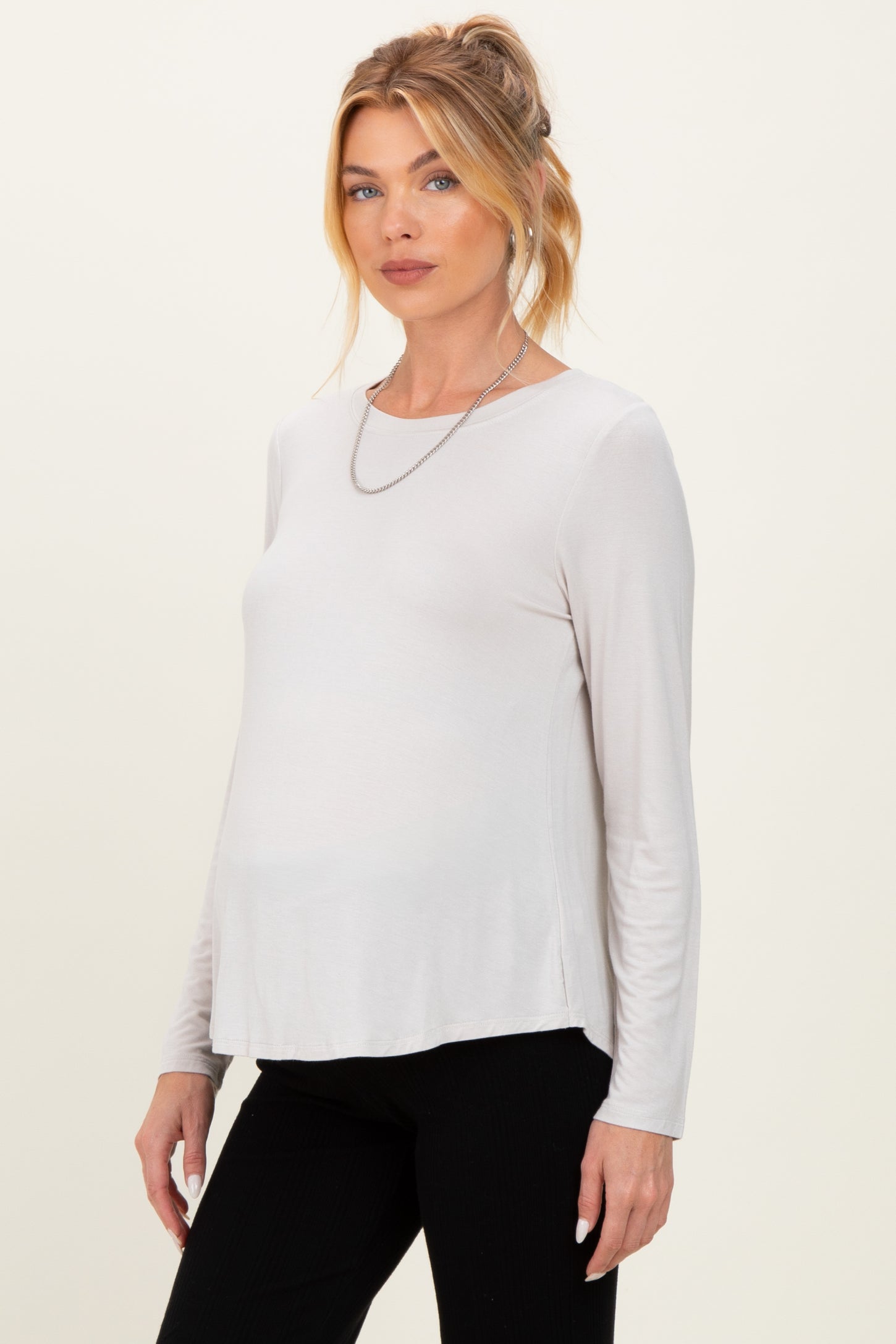 Beige Flowy Round Hem Maternity Long Sleeve Top