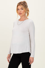 Beige Flowy Round Hem Maternity Long Sleeve Top