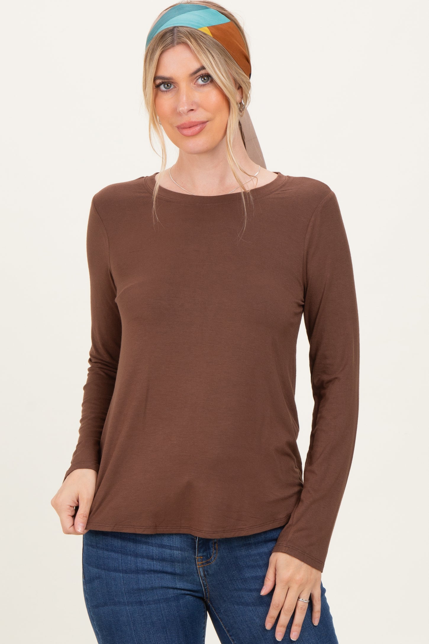 Brown Flowy Round Hem Long Sleeve Top