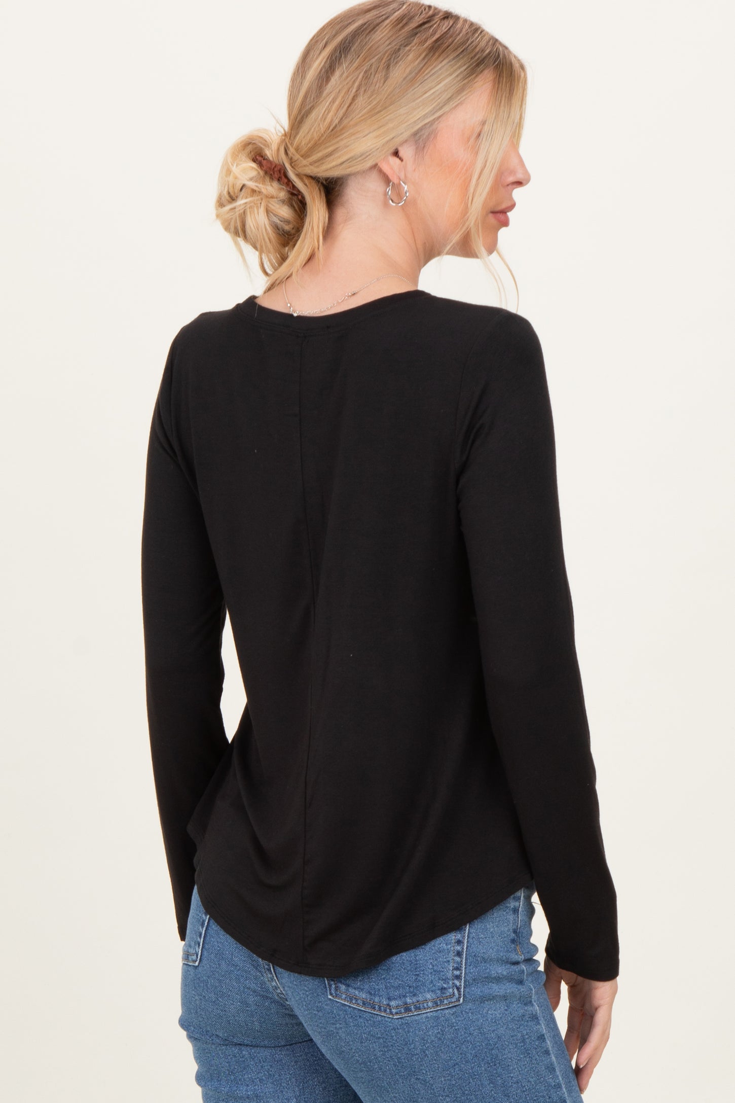 Black Flowy Round Hem Long Sleeve Top