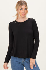 Black Flowy Round Hem Long Sleeve Top