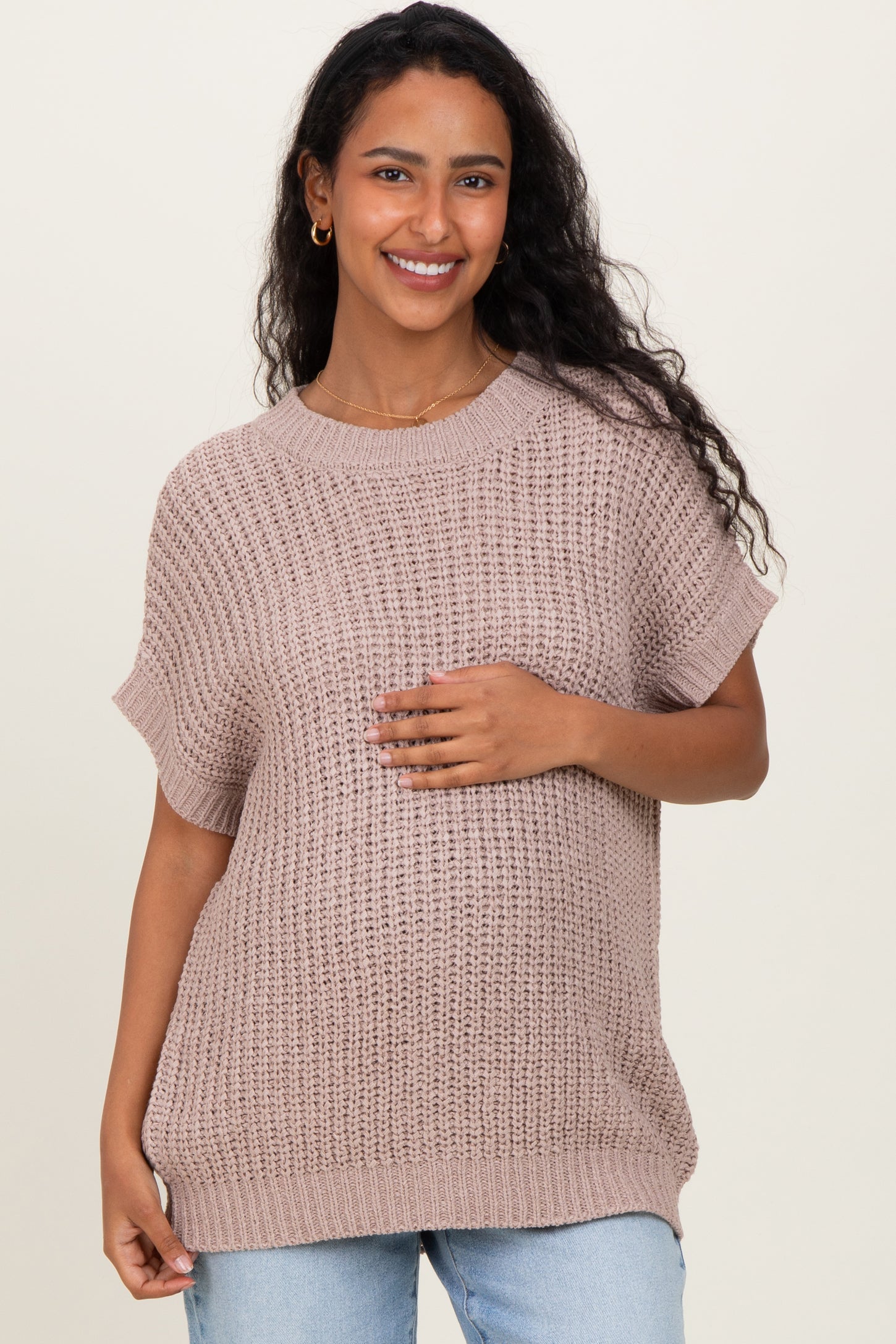 Taupe Short Sleeve Round Neck Maternity Sweater