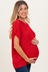 Red Short Sleeve Round Neck Maternity Sweater