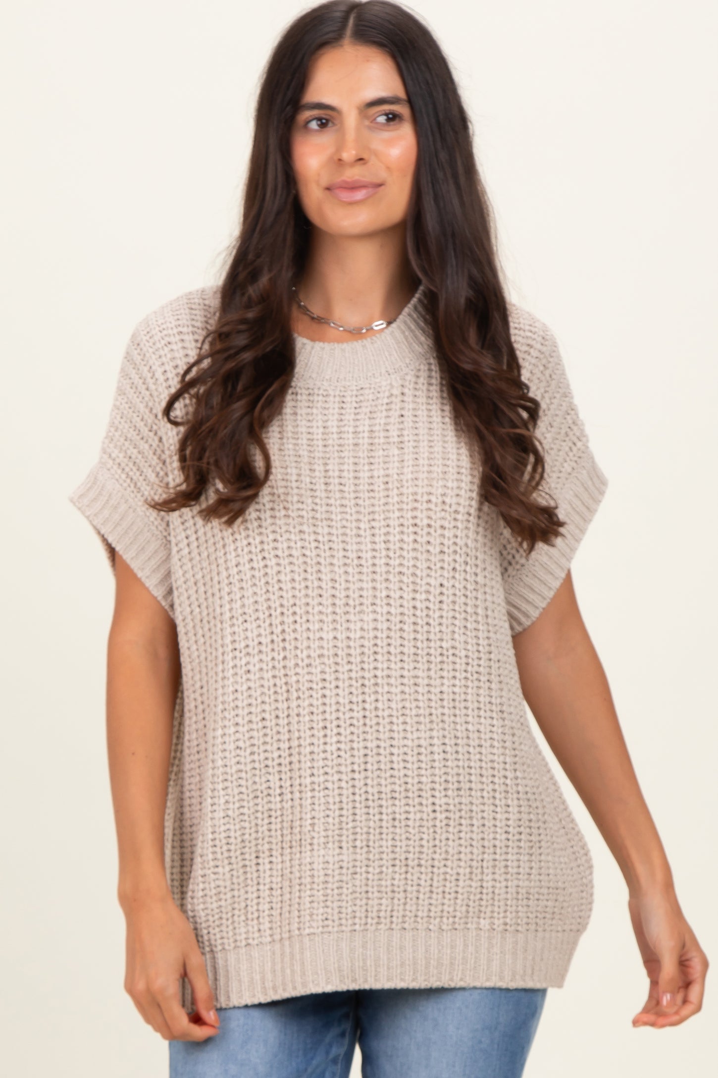 Beige Short Sleeve Round Neck Sweater