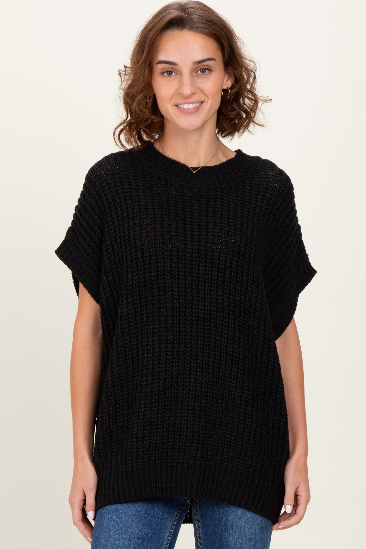 Black Short Sleeve Round Neck Sweater