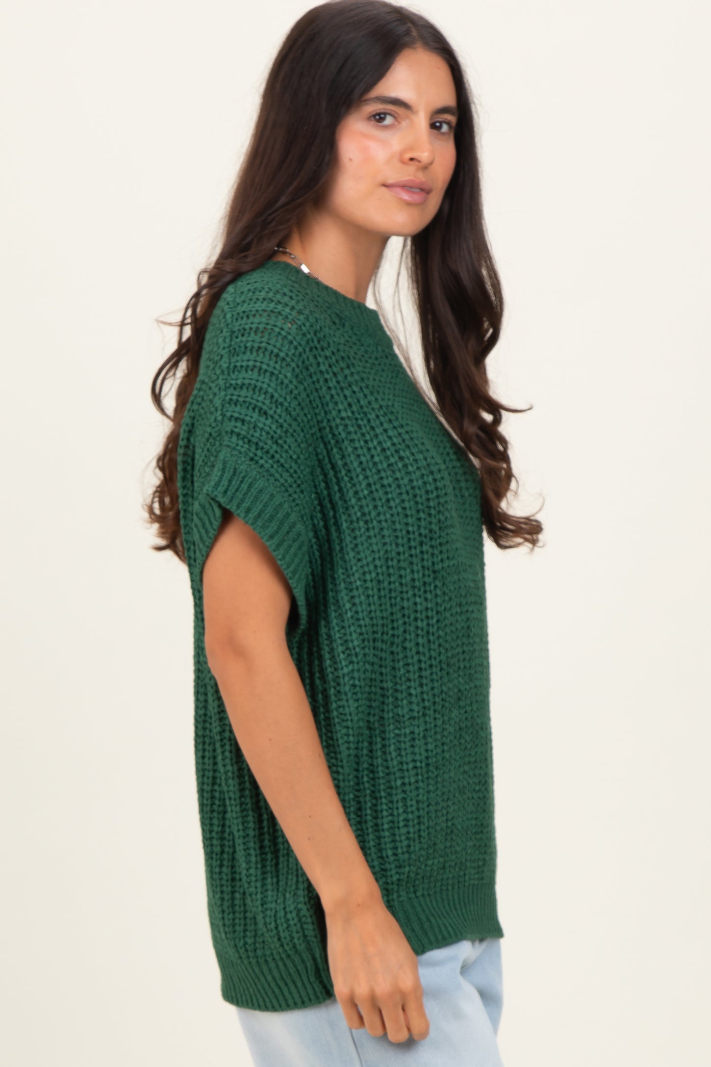 Green Short Sleeve Round Neck Sweater