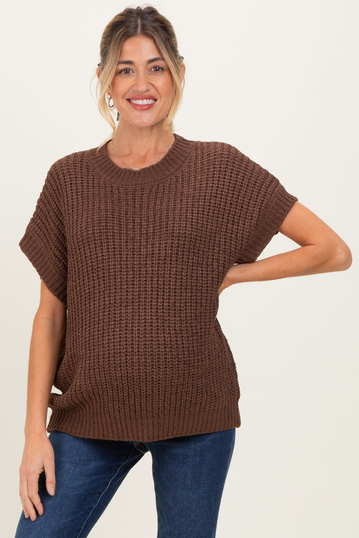 Brown Short Sleeve Round Neck Maternity Sweater