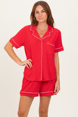 Red Short Sleeve Button Down Shirt Shorts Set