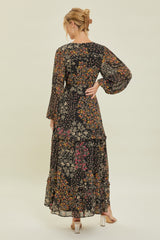 Black Floral Chiffon V-Neck Long Sleeve Maxi Dress