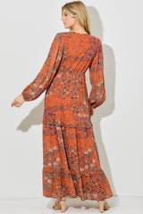 Orange Floral Chiffon V-Neck Long Sleeve Maxi Dress