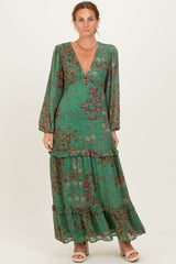 Green Floral Chiffon V-Neck Long Sleeve Maxi Dress