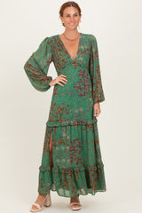 Green Floral Chiffon V-Neck Long Sleeve Maxi Dress