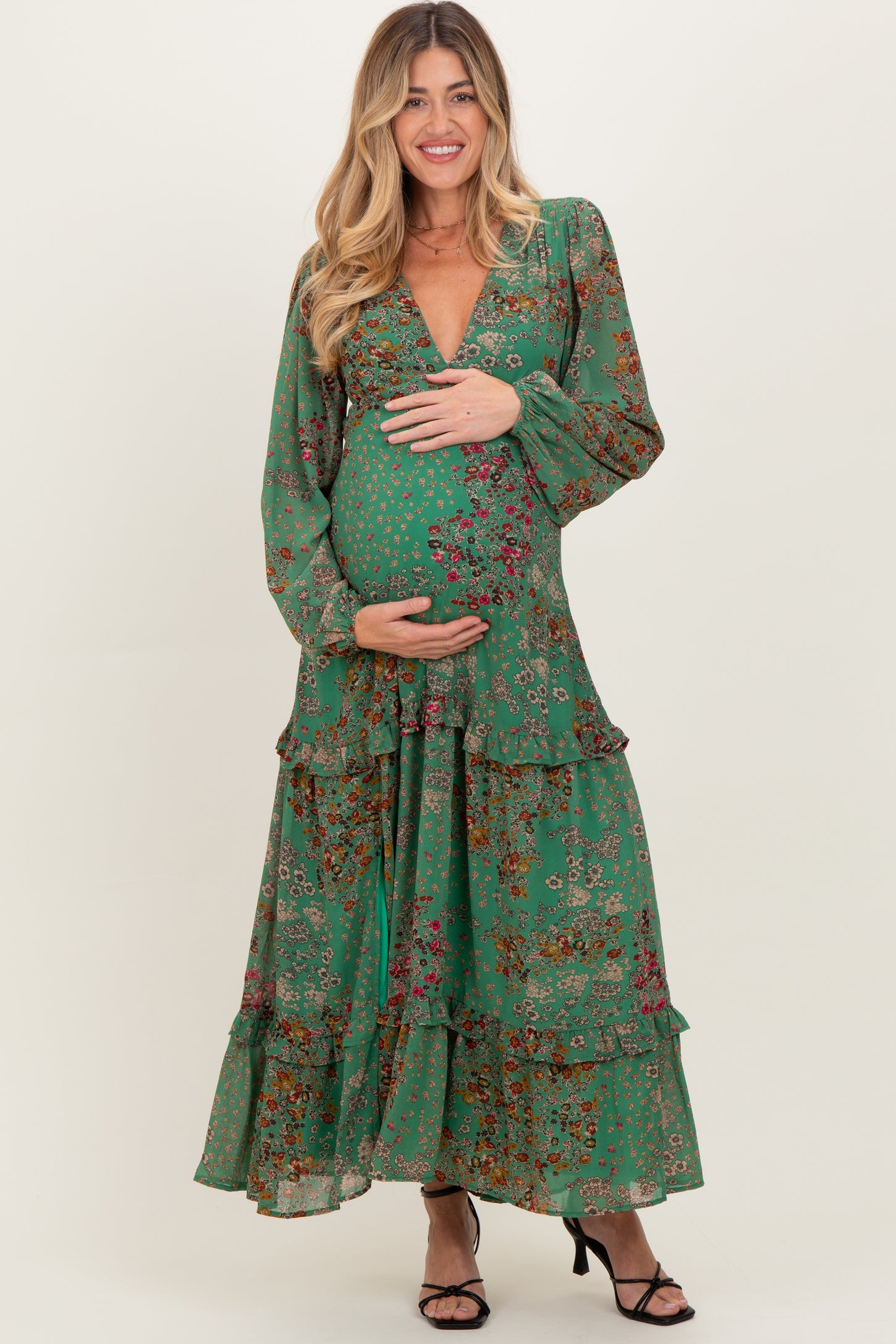 Green Floral Chiffon V-Neck Long Sleeve Maternity Maxi Dress