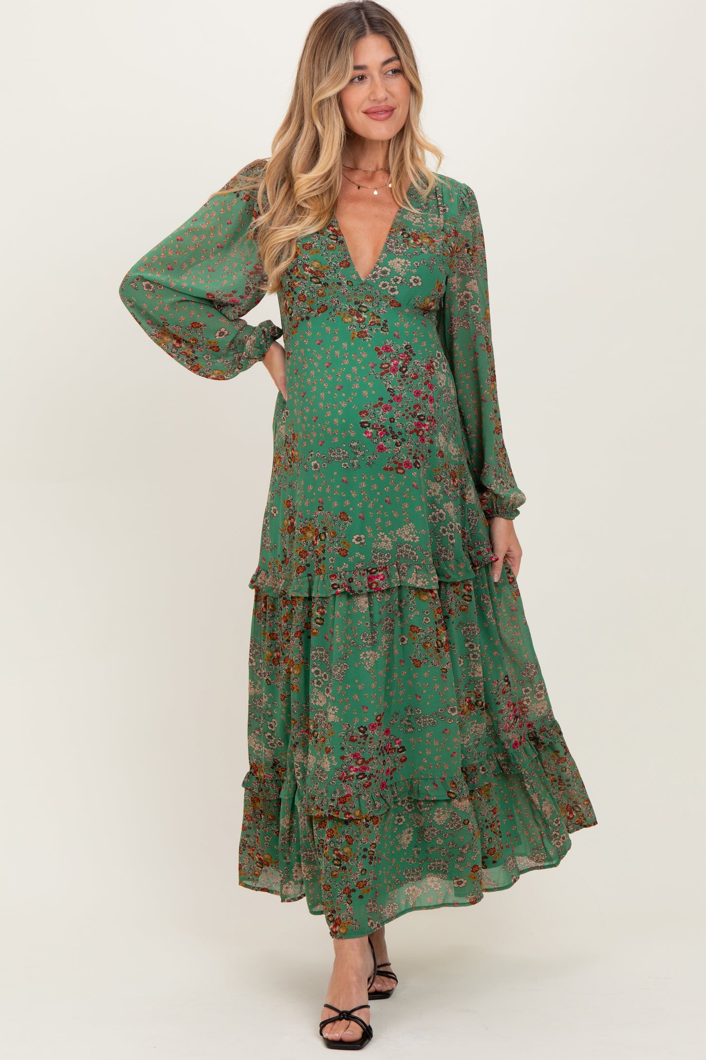 Green Floral Chiffon V-Neck Long Sleeve Maternity Maxi Dress