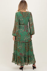 Green Floral Chiffon V-Neck Long Sleeve Maternity Maxi Dress