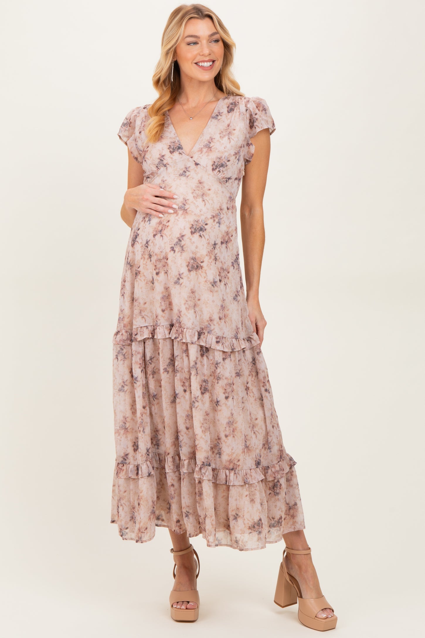 Peach Abstract Print Ruffle Trim Maternity Maxi Dress